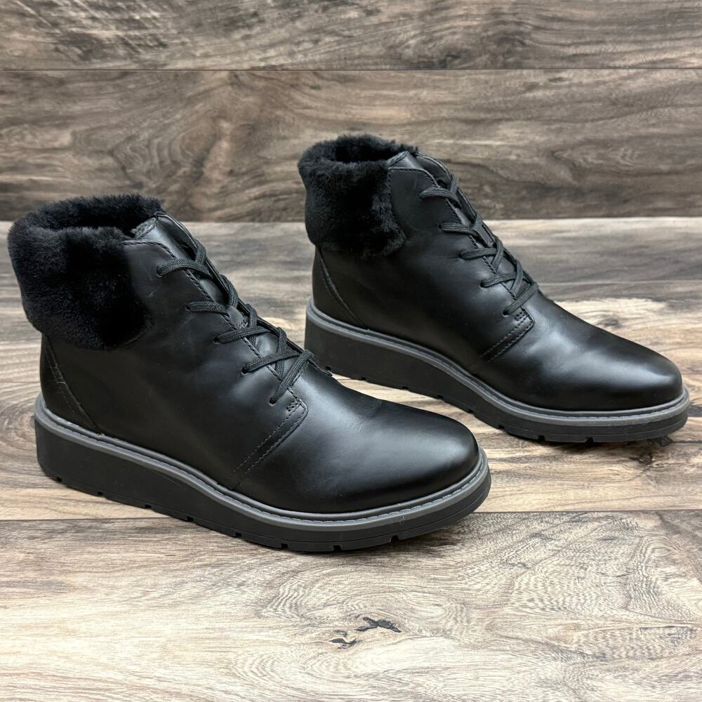 Clarks Leighly Lace 9.5M Black Leather Faux Fur Cuff Comfort Ankle Boots Booties - Picture 6 of 12